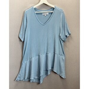 Diane Gilman Women's Plus Sz 2X Blue Hi-Low Swing Hem‎ V Neck Blouse Top Shirt